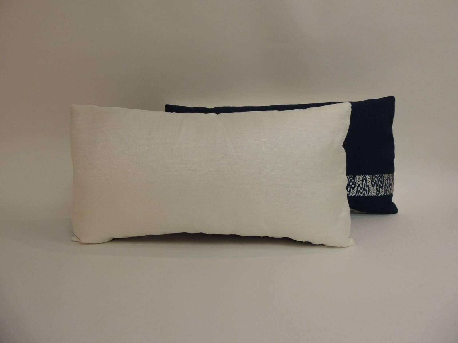 Hand-Crafted Pair of Vintage Blue and Silver Woven Obi Textiles Lumbar Pillows For Sale