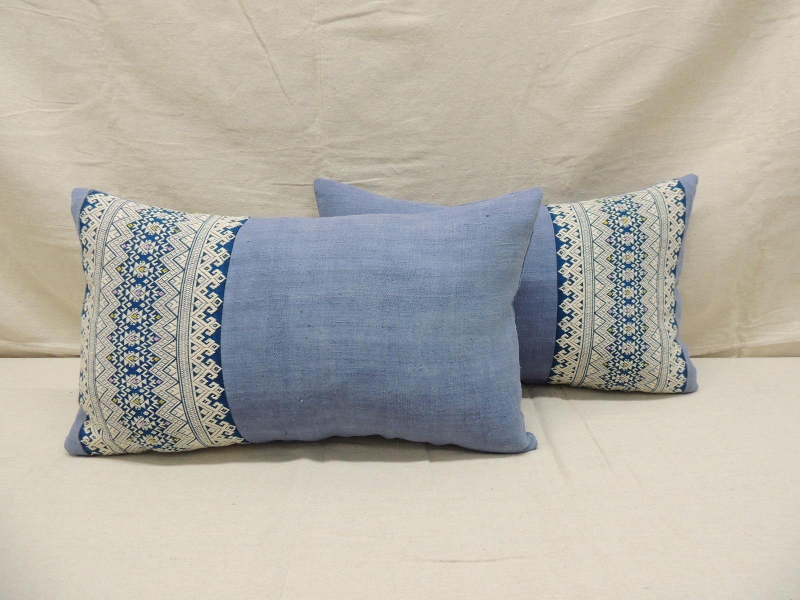 Hand-Crafted Pair of Vintage Blue and White Asian Decorative Lumbar Pillows