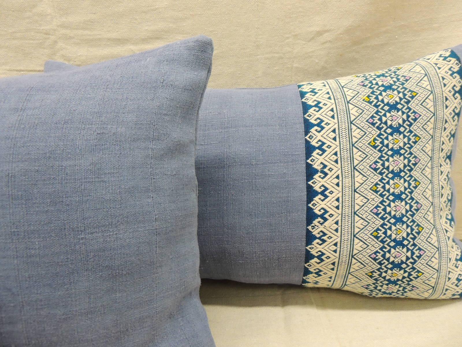 Linen Pair of Vintage Blue and White Asian Decorative Lumbar Pillows