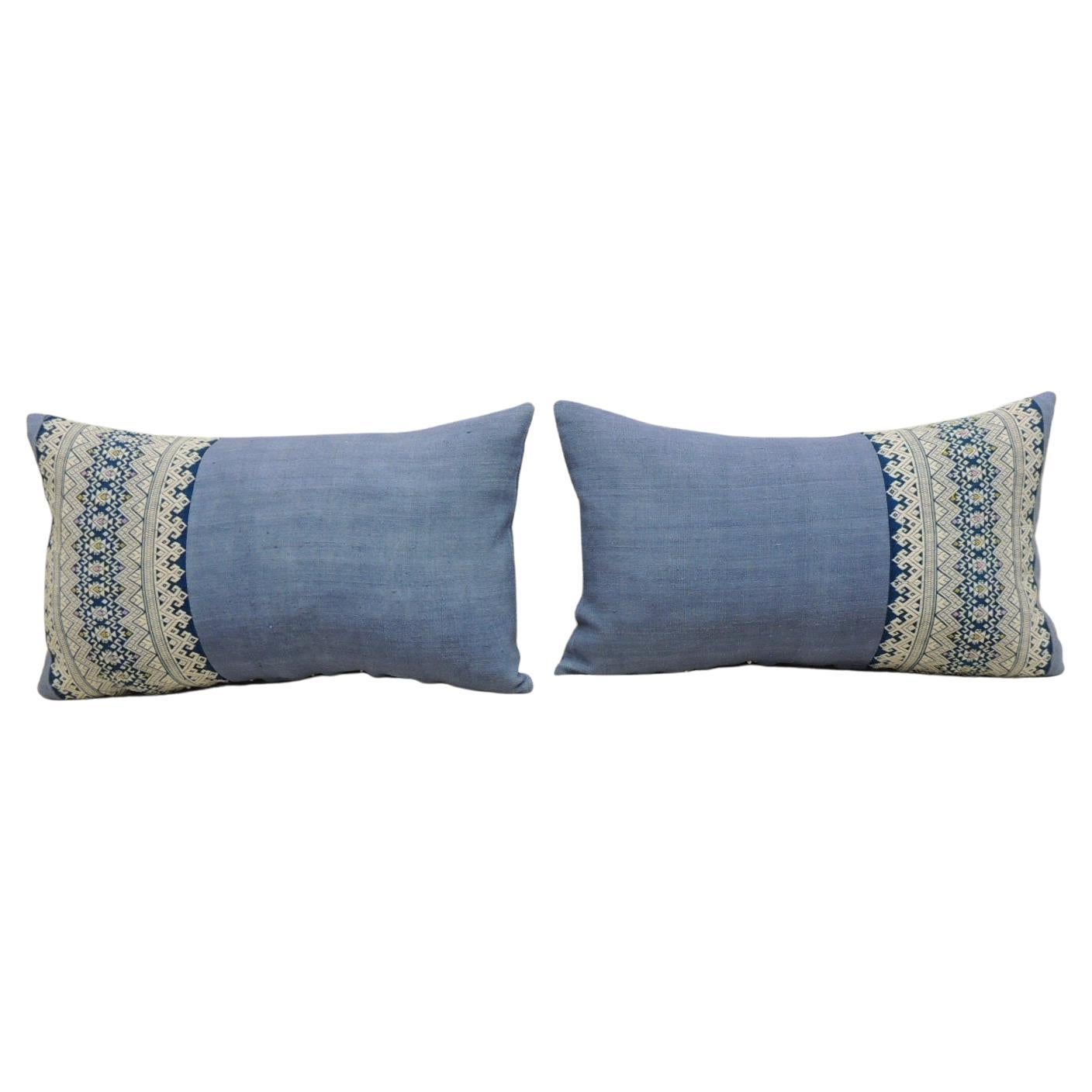 Pair of Vintage Blue and White Asian Decorative Lumbar Pillows