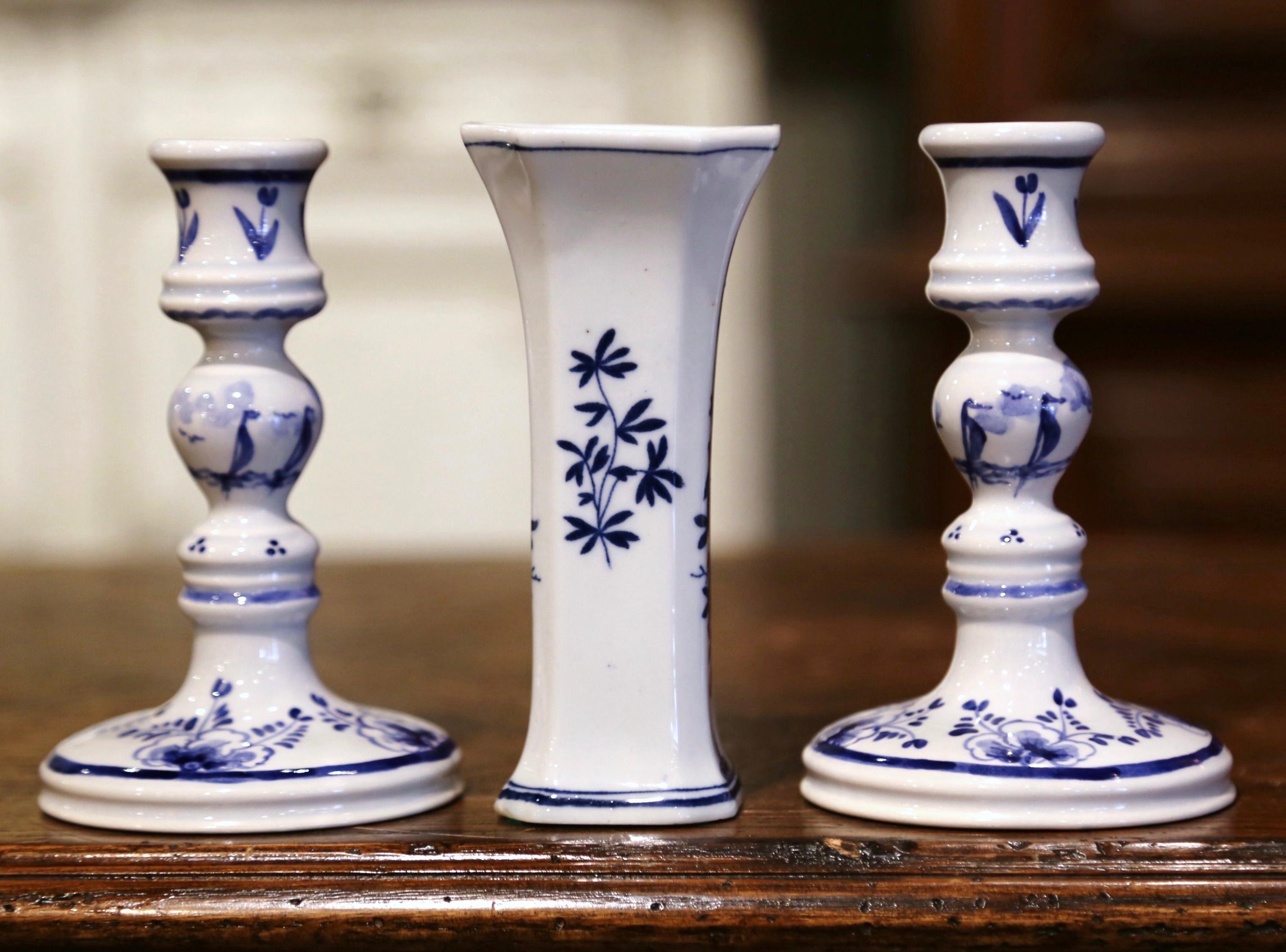 Hand-Painted Pair of Vintage Blue and White Faience Candles Holder and Vase Stamped Delft For Sale