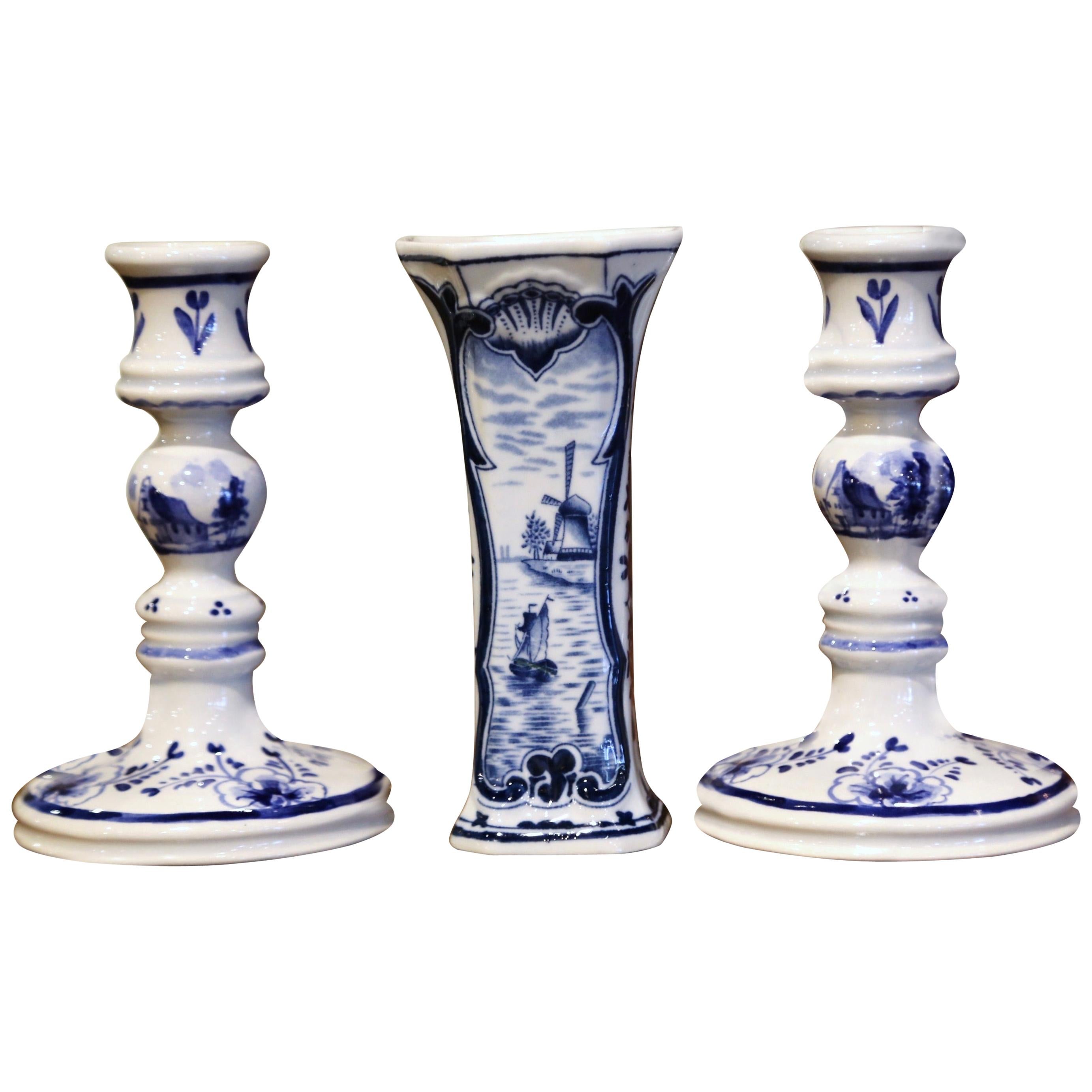 Pair of Vintage Blue and White Faience Candles Holder and Vase Stamped Delft For Sale