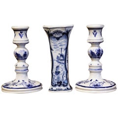 Pair of Vintage Blue and White Faience Candles Holder and Vase Stamped Delft