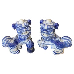 Pair of Vintage Blue and White Foo Dogs