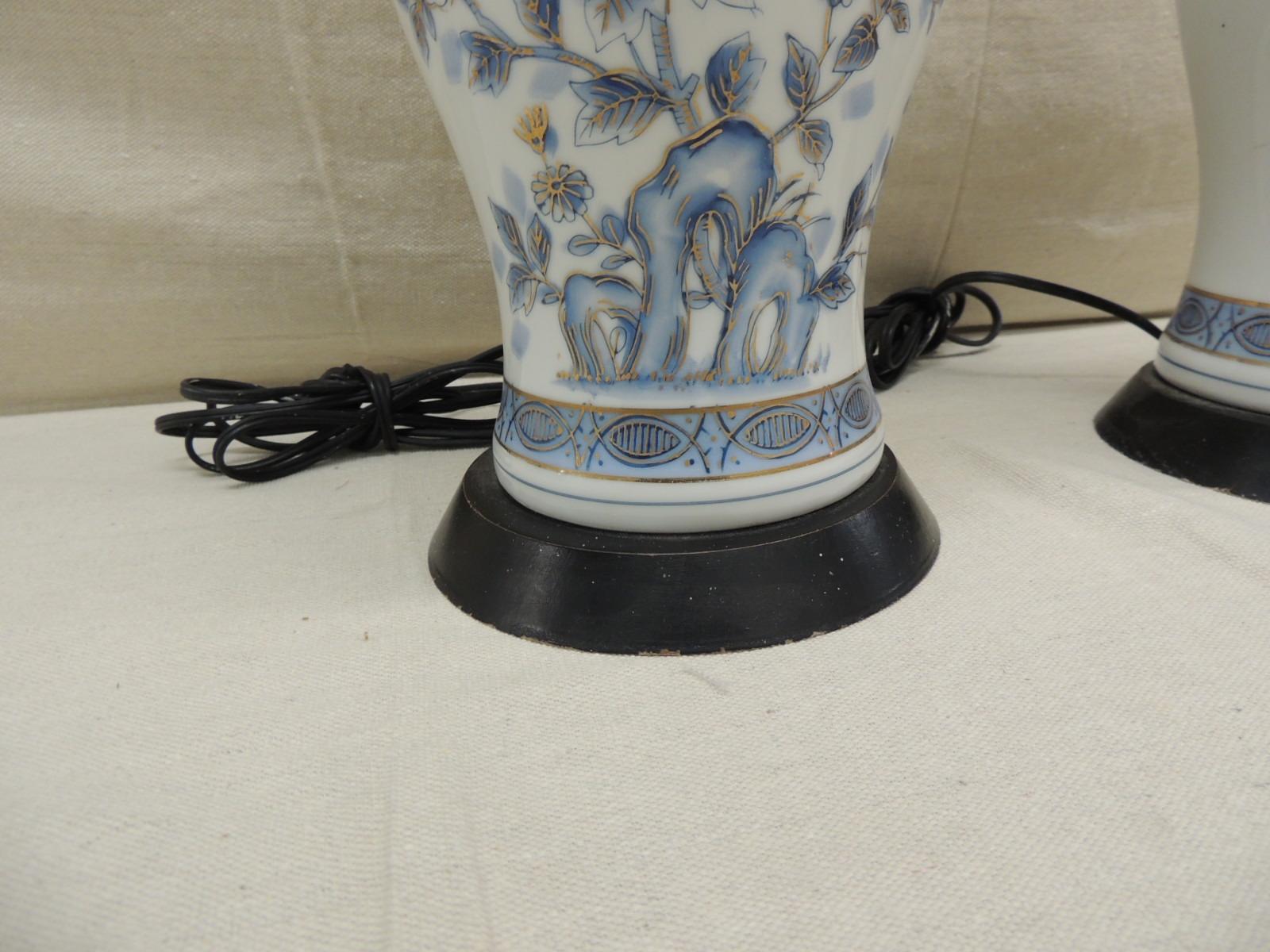 Hand-Crafted Pair of Vintage Blue and White Imari Table Lamps