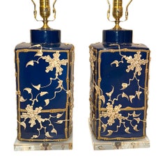 Pareja de lámparas vintage azules y blancas