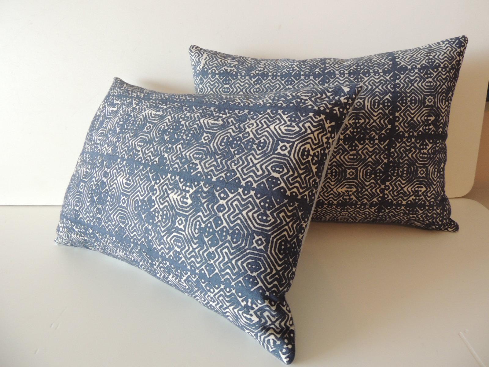Bohemian Pair of Vintage Blue and White Petite Hand-Blocked Batik Decorative Pillows