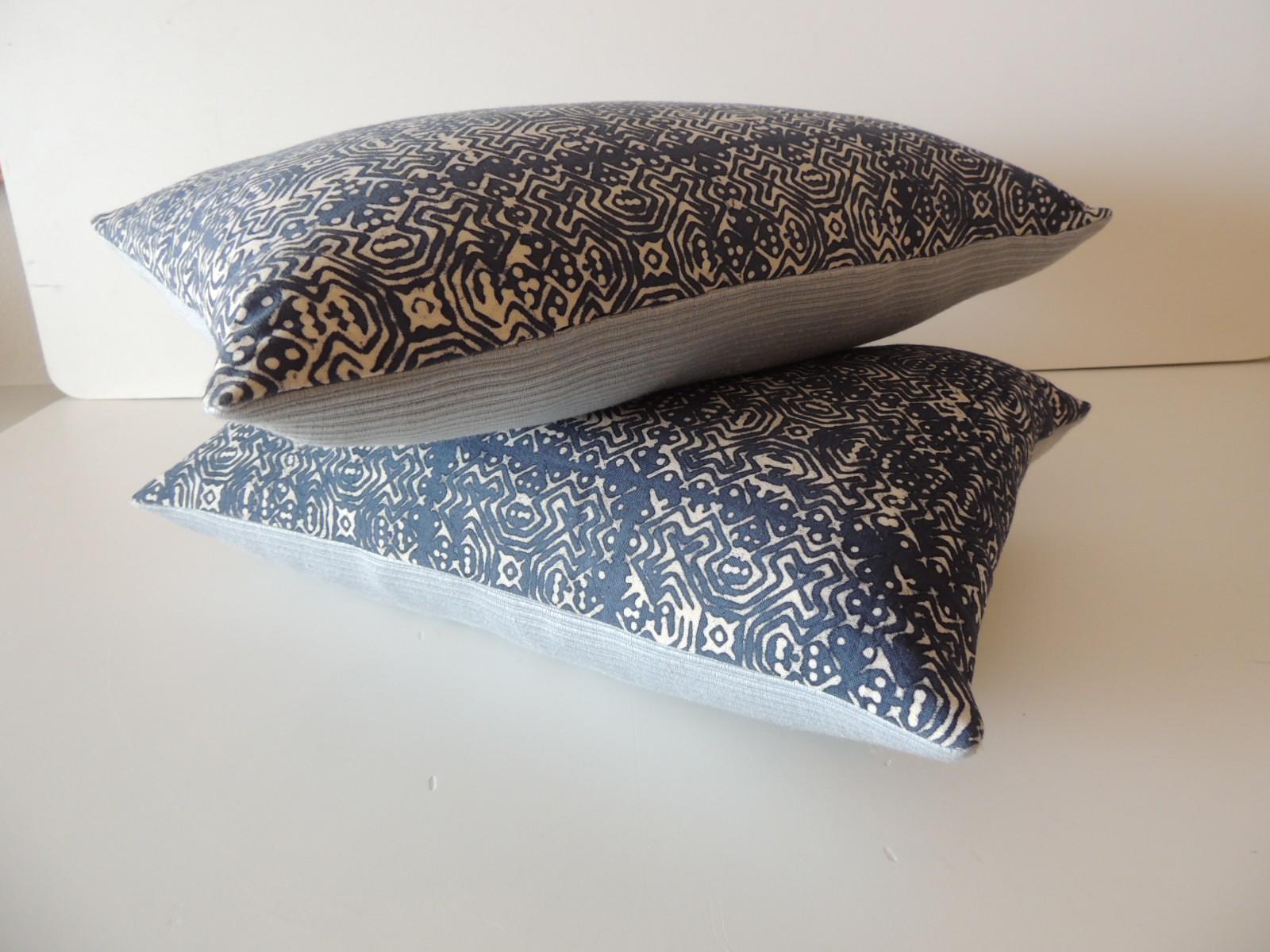 Late 20th Century Pair of Vintage Blue and White Petite Hand-Blocked Batik Decorative Pillows