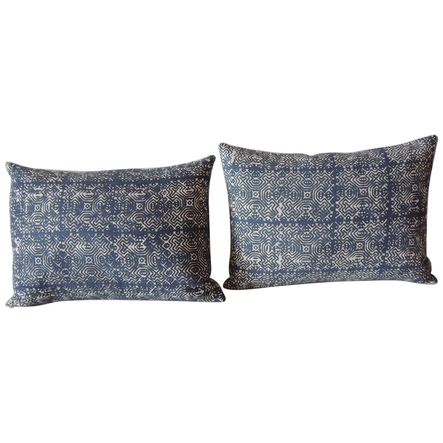Pair of Vintage Blue and White Petite Hand-Blocked Batik Decorative Pillows