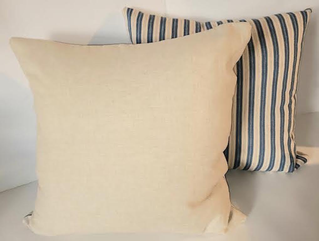 Pair of  Vintage Blue and White Ticking Pillows In New Condition In Los Angeles, CA