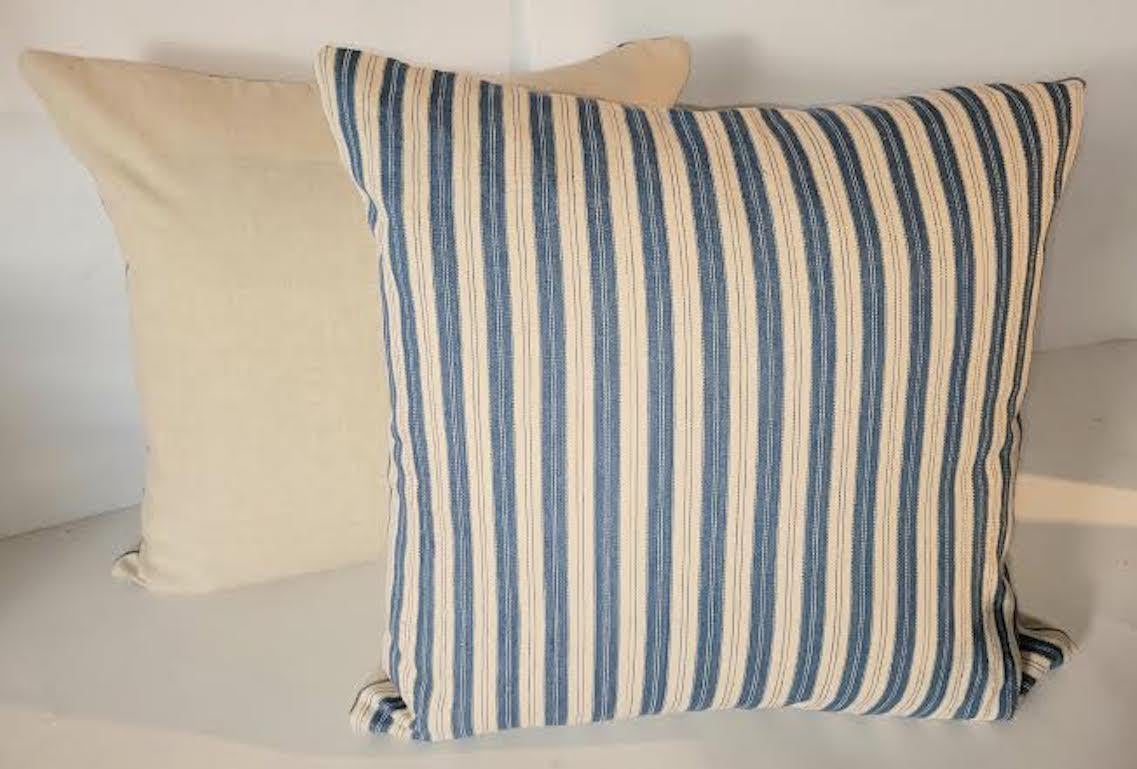 Contemporary Pair of Vintage Blue and White Ticking Pillows