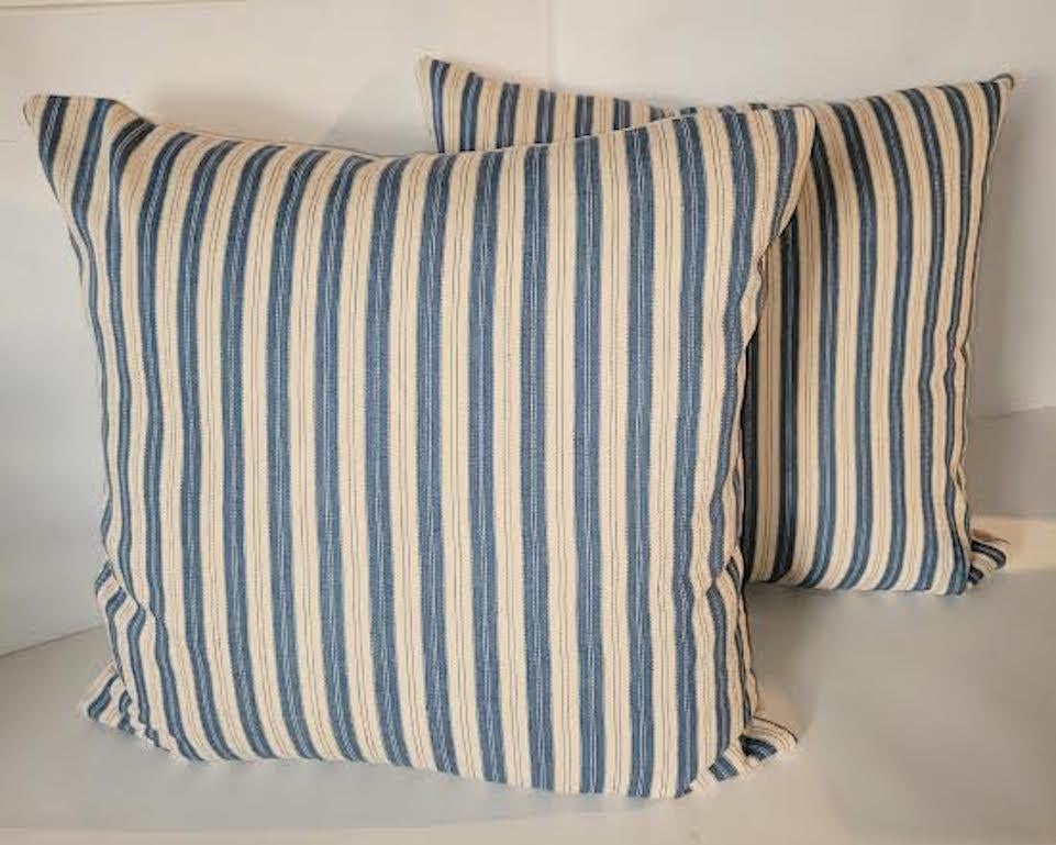 Cotton Pair of  Vintage Blue and White Ticking Pillows