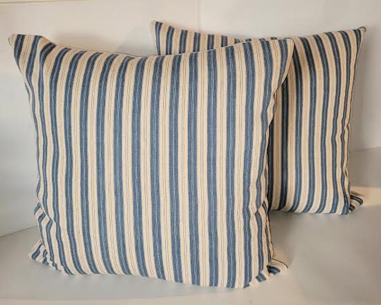 Pair of Vintage Blue and White Ticking Pillows For Sale at 1stDibs