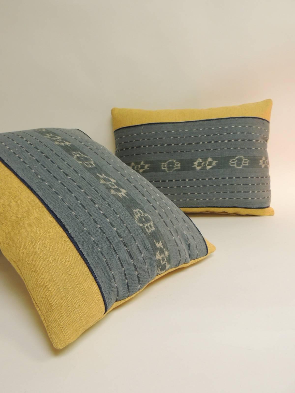 Bhutanese Pair of Vintage Blue and Yellow Woven Ikat Bolster Decorative Pillows