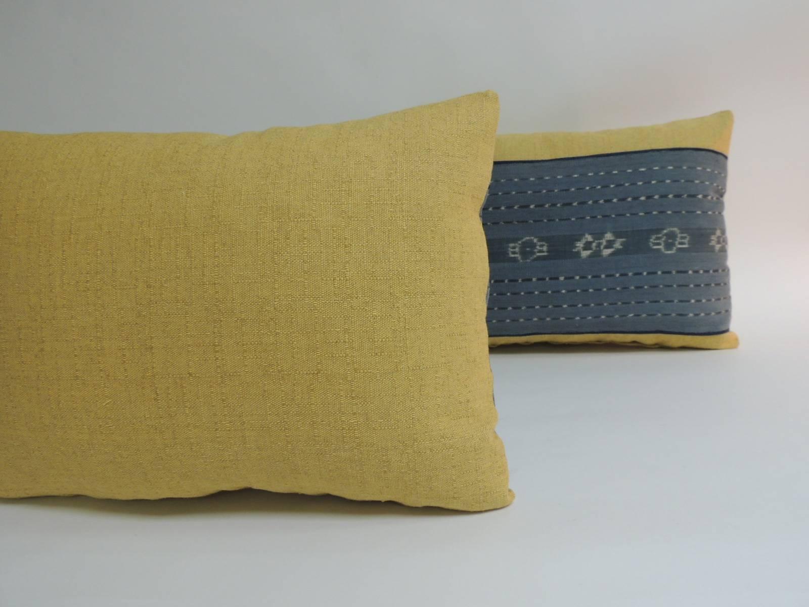 Hand-Crafted Pair of Vintage Blue and Yellow Woven Ikat Bolster Decorative Pillows
