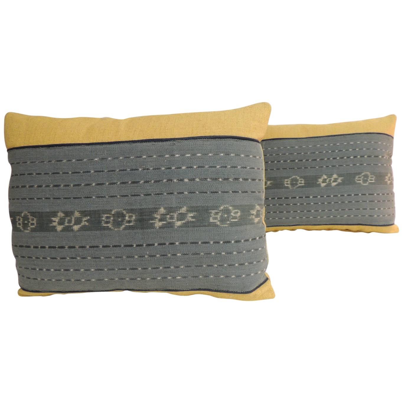 Pair of Vintage Blue and Yellow Woven Ikat Bolster Decorative Pillows