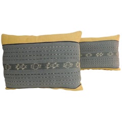 Pair of Vintage Blue and Yellow Woven Ikat Bolster Decorative Pillows