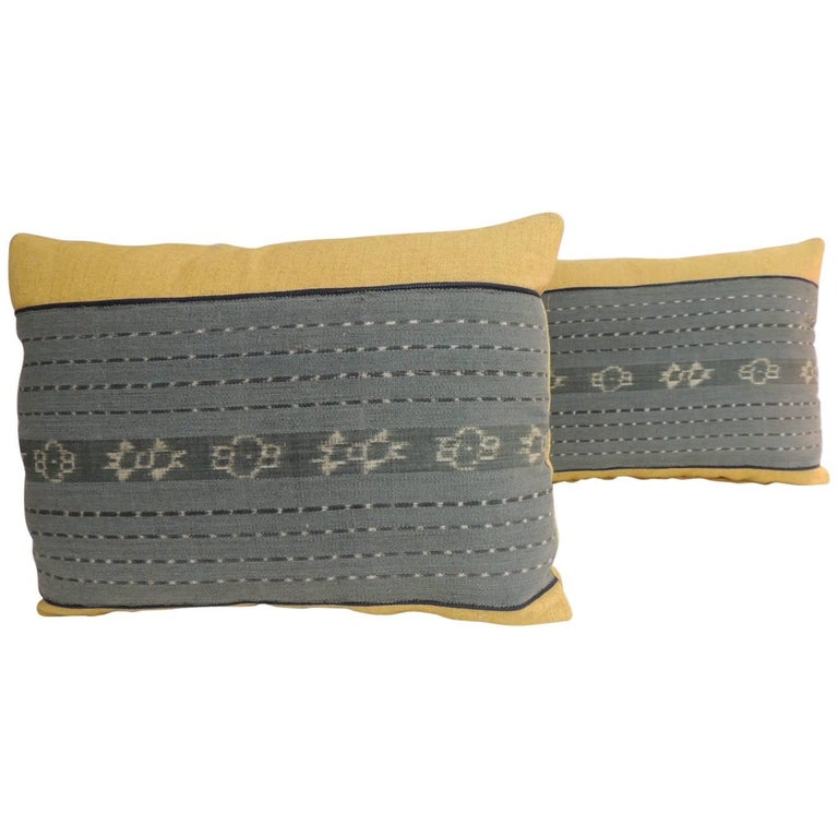 Pair Of Vintage Blue And Yellow Woven Ikat Bolster Decorative