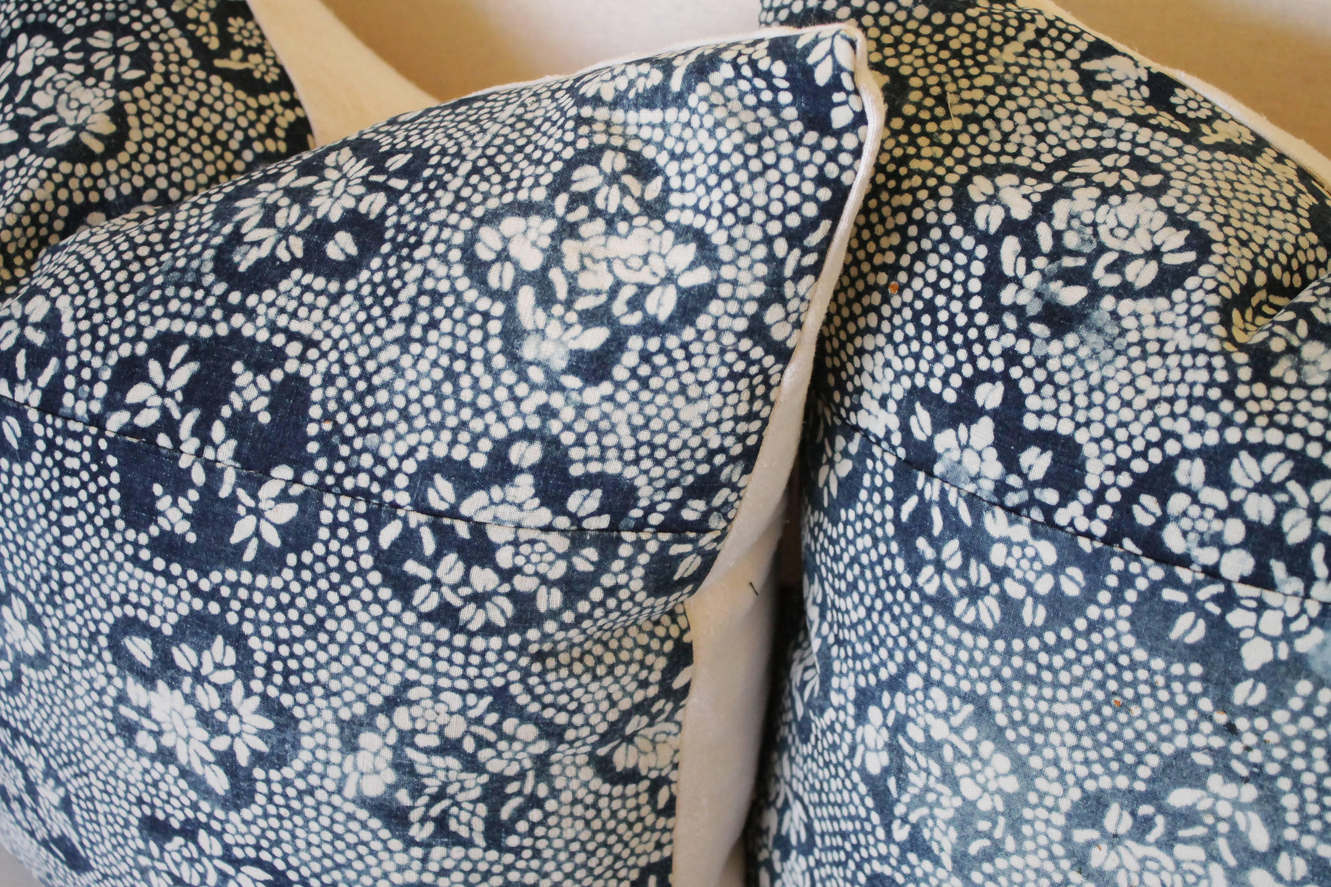 Bohemian Pair of Vintage Blue Batik Japanese Indigo Floral Pillow Shams