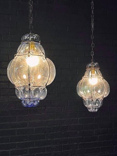 Pair of Vintage Blue Bubble Glass & Iron Pendant Lantern Lights