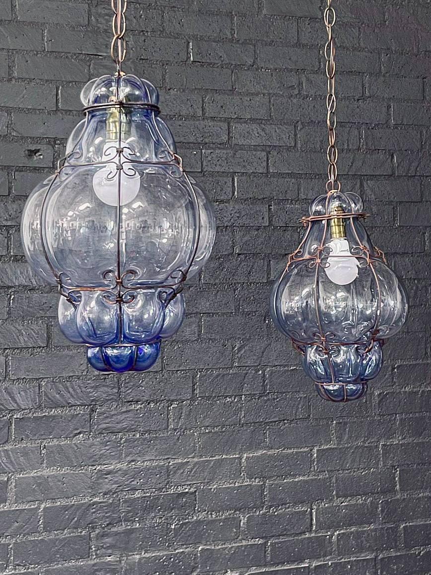 Spanish Colonial Pair of Vintage Blue Bubble Glass & Iron Pendant Lantern Lights For Sale