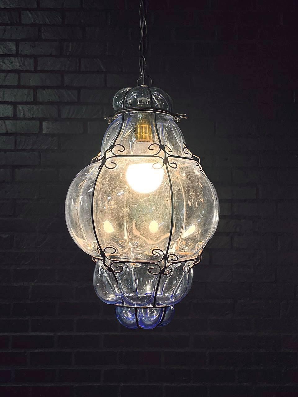 American Pair of Vintage Blue Bubble Glass & Iron Pendant Lantern Lights For Sale