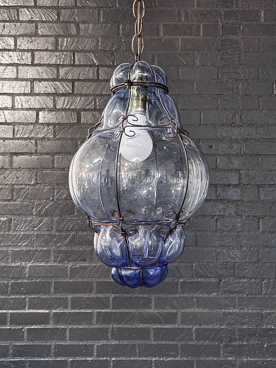 Mid-20th Century Pair of Vintage Blue Bubble Glass & Iron Pendant Lantern Lights For Sale