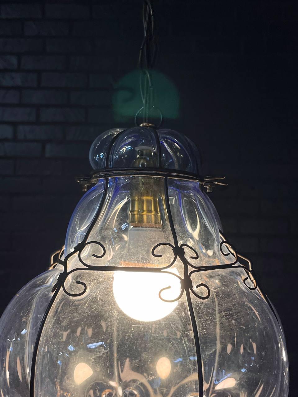 Brass Pair of Vintage Blue Bubble Glass & Iron Pendant Lantern Lights For Sale