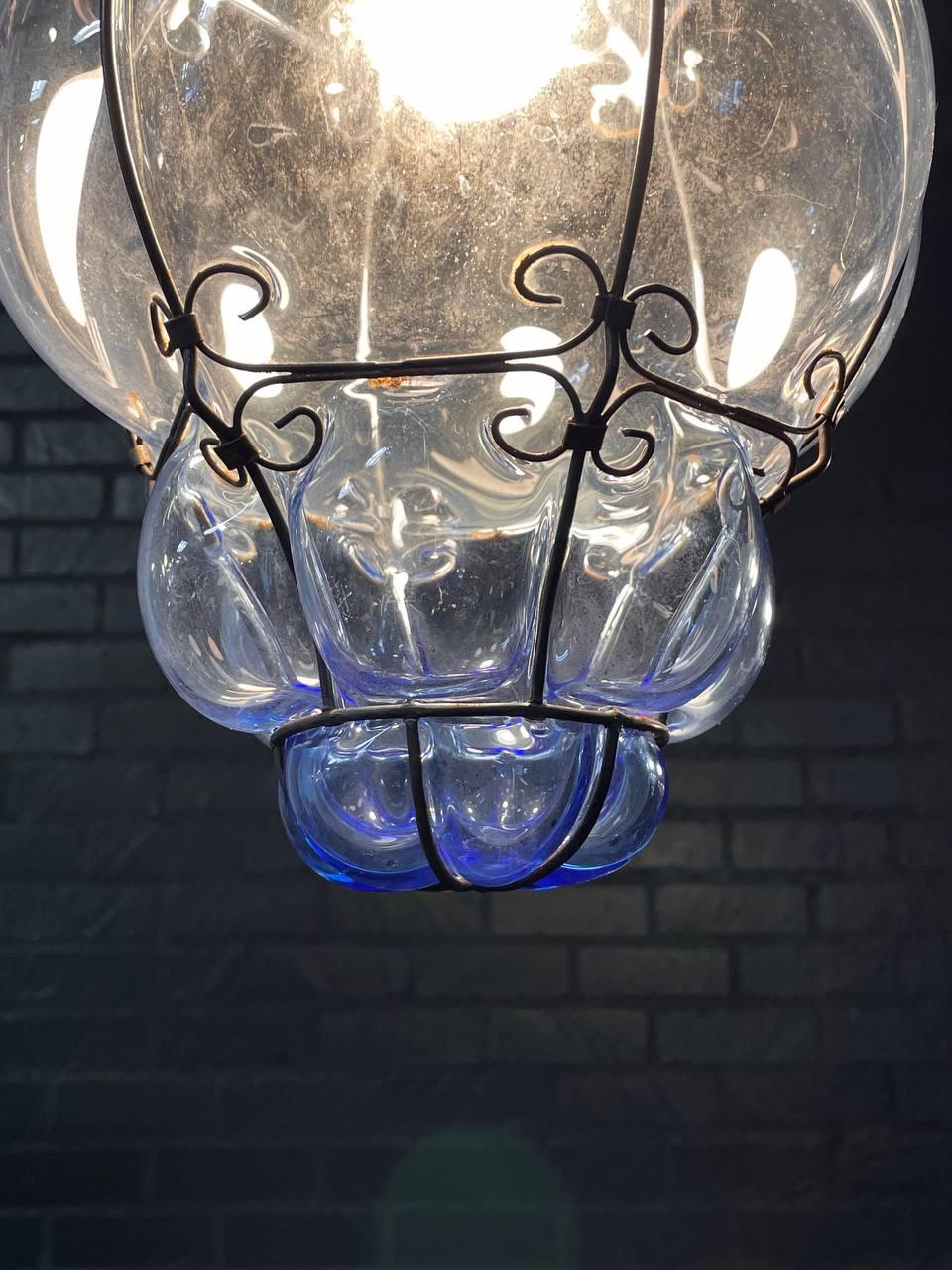 Pair of Vintage Blue Bubble Glass & Iron Pendant Lantern Lights For Sale 1