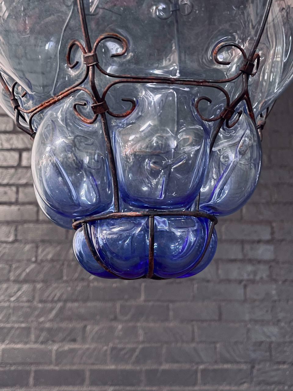 Pair of Vintage Blue Bubble Glass & Iron Pendant Lantern Lights For Sale 2