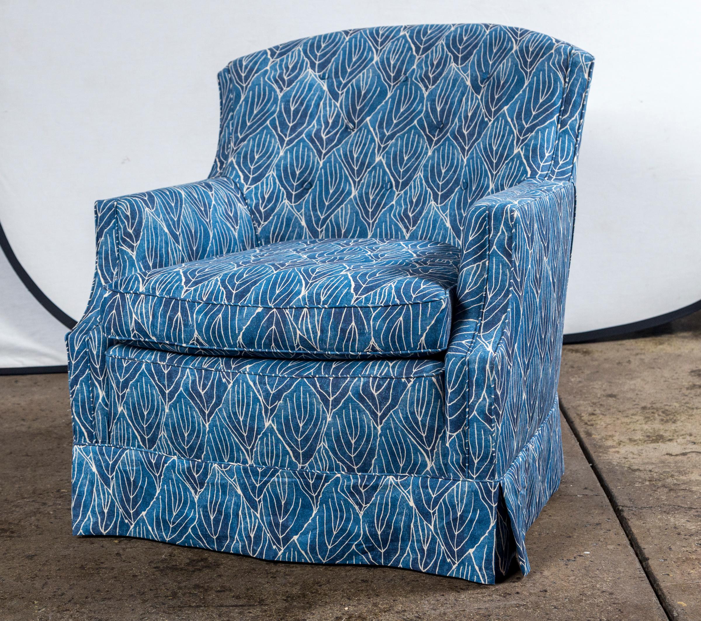 Pair of vintage blue club chairs, newly upholstered in Robert Kime Nara fabric.