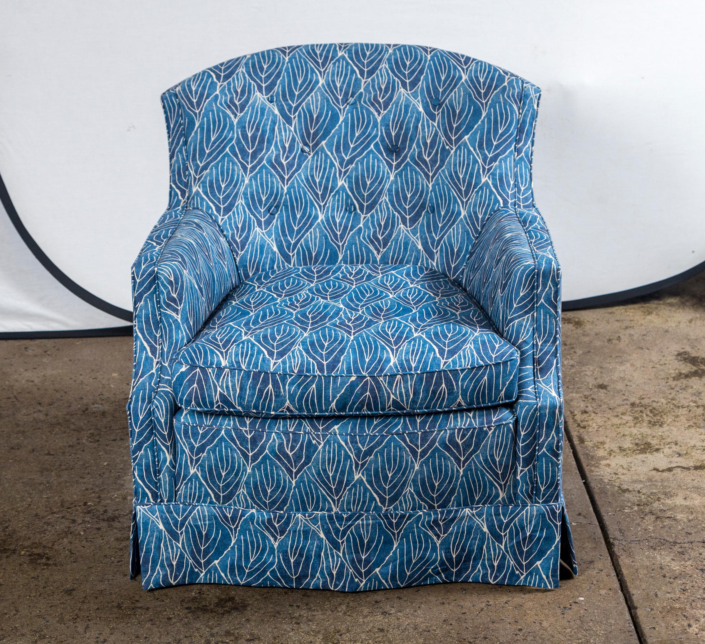 Mid-Century Modern Pair of Vintage Blue Club Chairs, Newly Upholstered in Robert Kime Nara Fabric