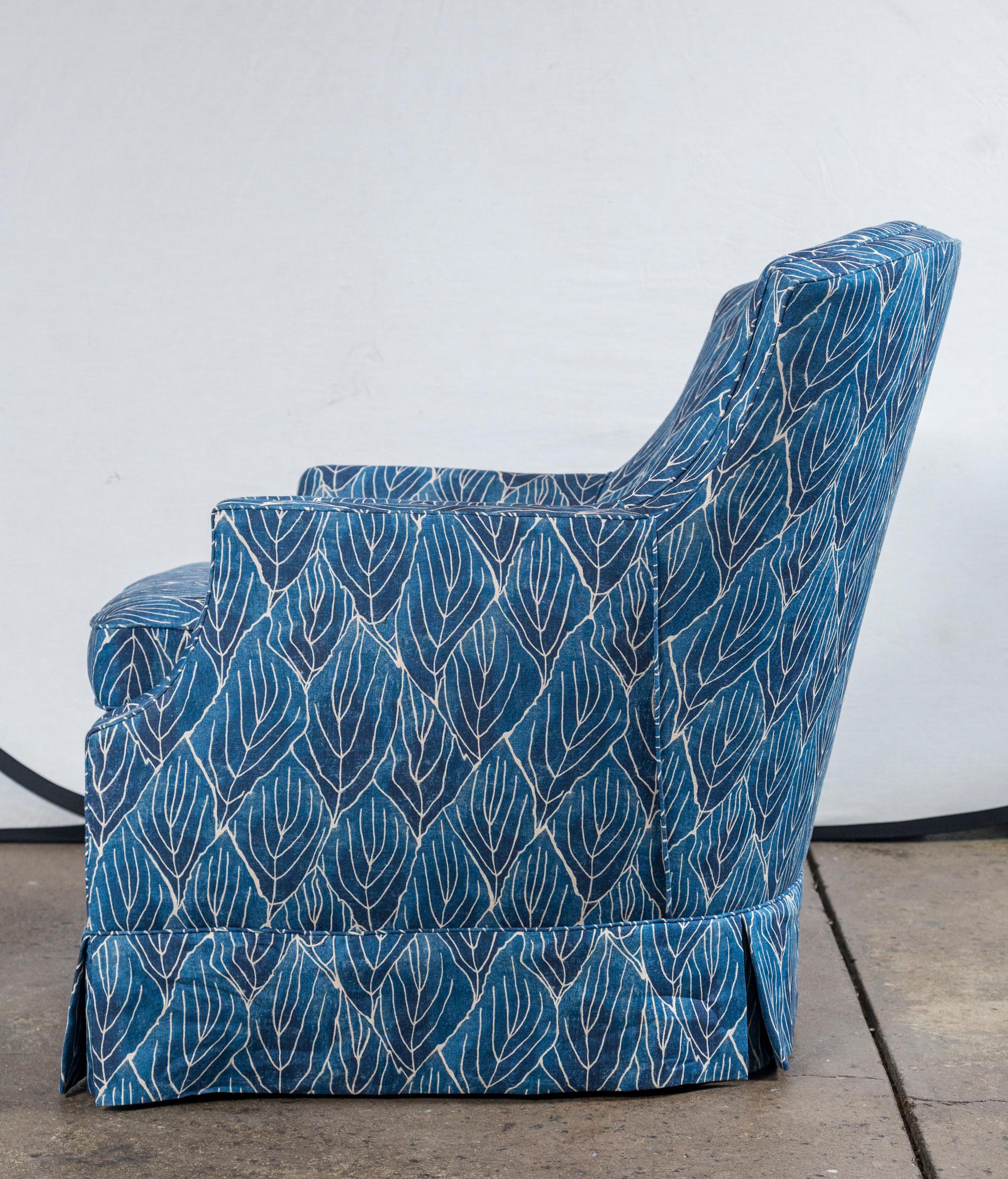 Unknown Pair of Vintage Blue Club Chairs, Newly Upholstered in Robert Kime Nara Fabric