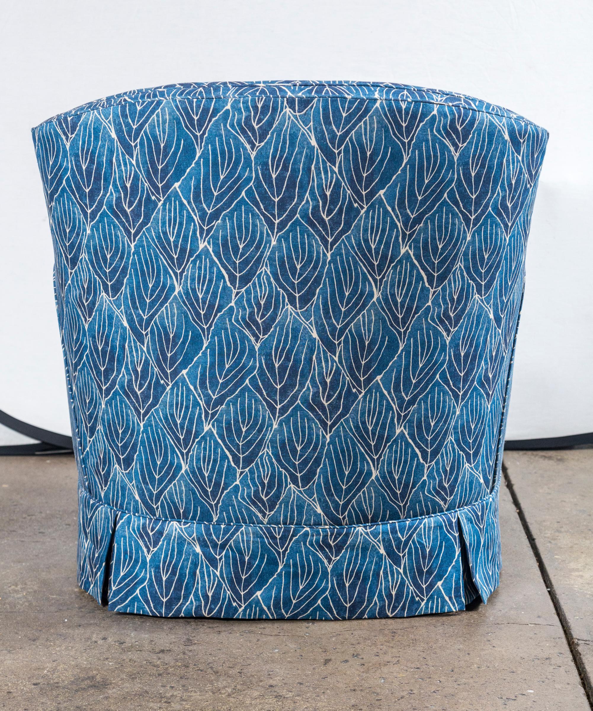 20th Century Pair of Vintage Blue Club Chairs, Newly Upholstered in Robert Kime Nara Fabric