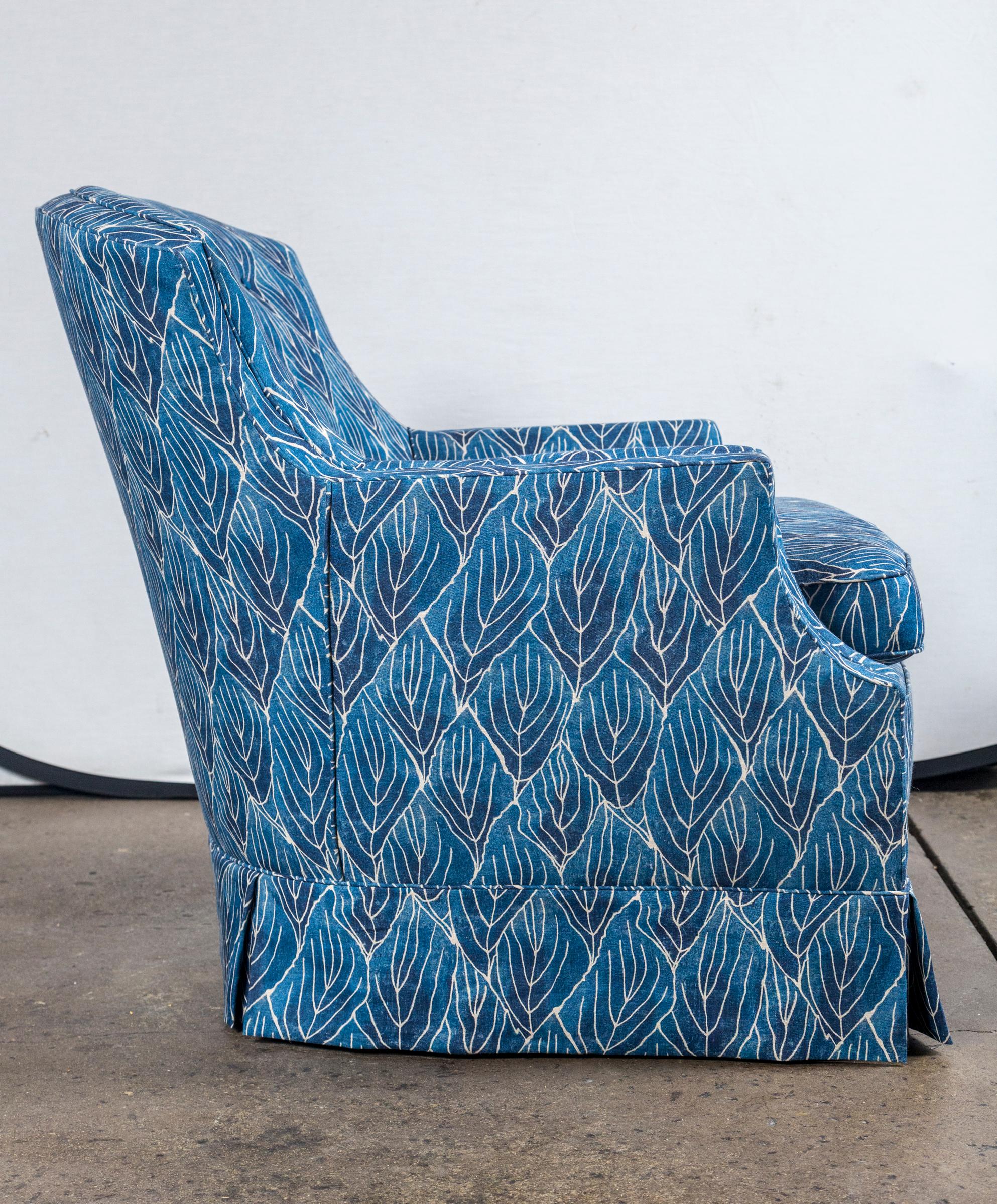 Upholstery Pair of Vintage Blue Club Chairs, Newly Upholstered in Robert Kime Nara Fabric