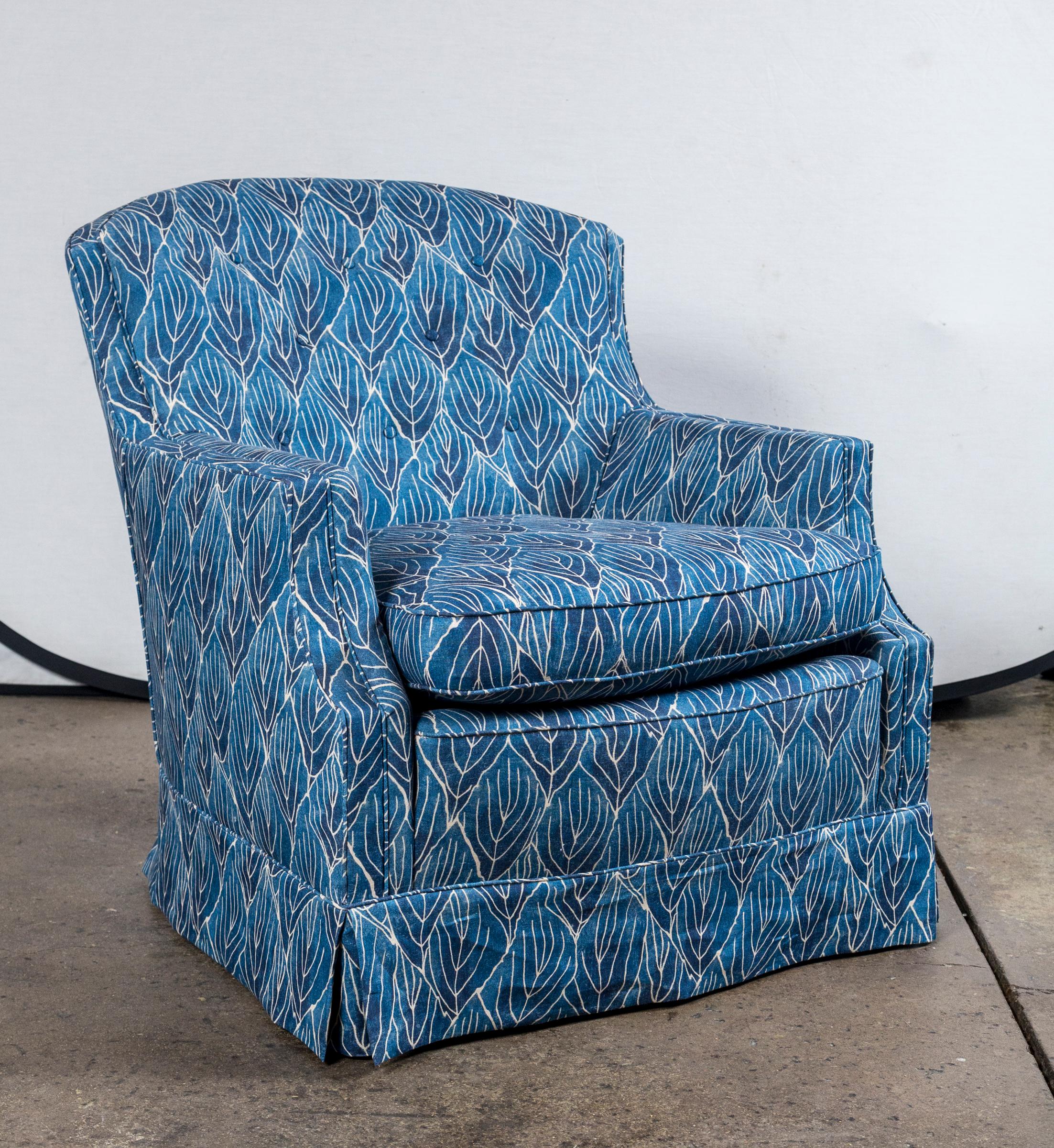 Pair of Vintage Blue Club Chairs, Newly Upholstered in Robert Kime Nara Fabric 1