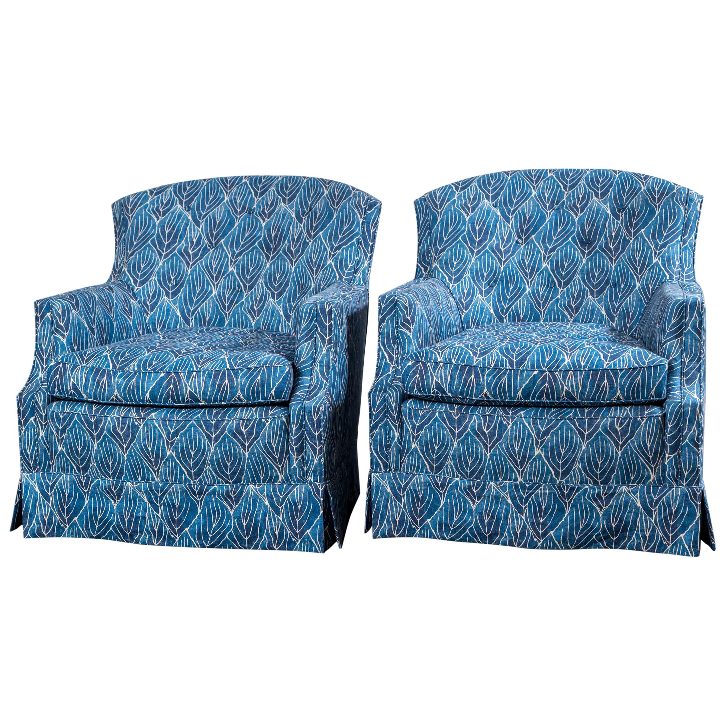 Pair of Vintage Blue Club Chairs, Newly Upholstered in Robert Kime Nara Fabric