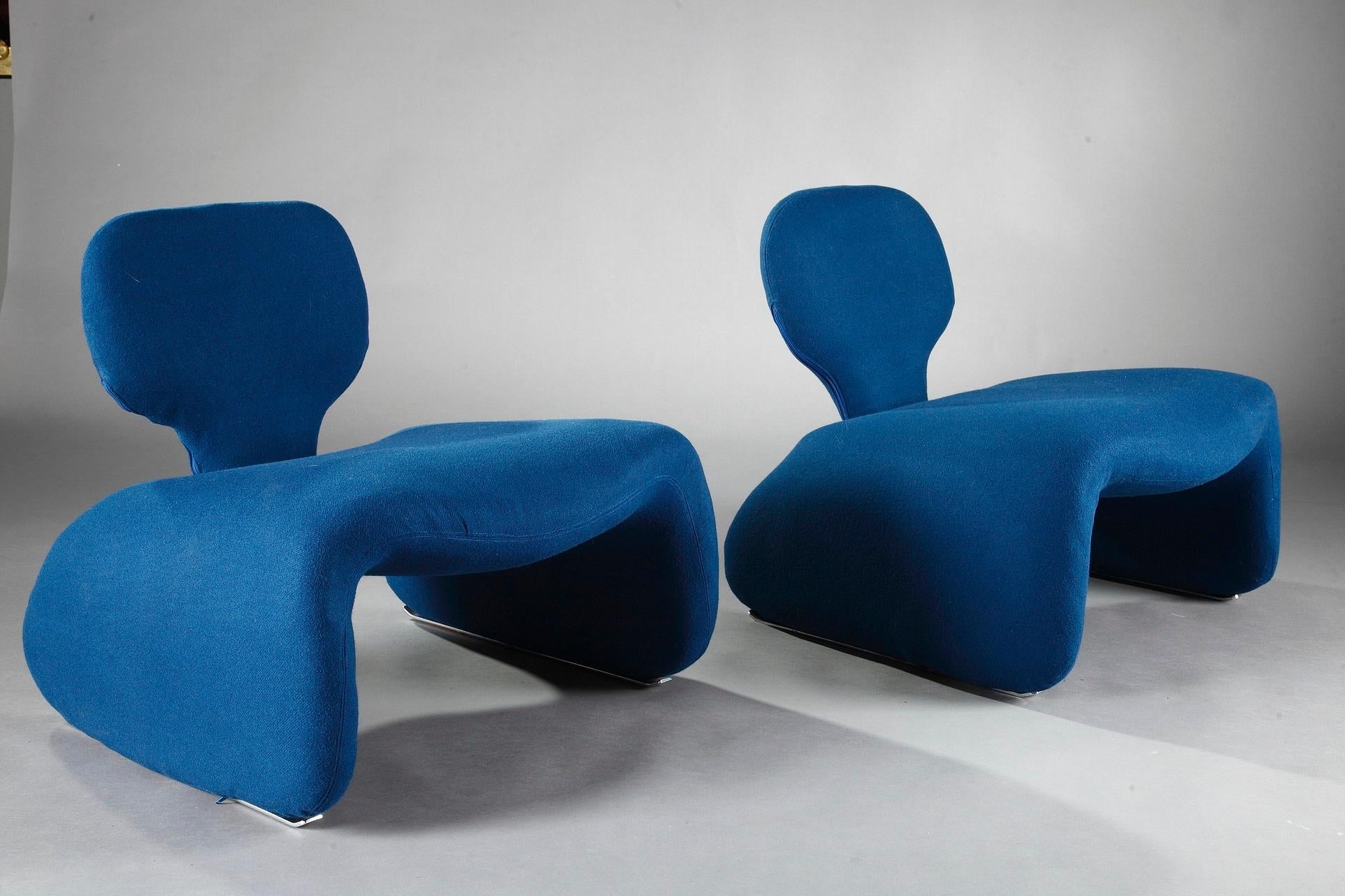 Pair of vintage Djinn chairs designed by Olivier Mourgue in the 1960s for Airborne. Metal structure lined with foam and covered with blue fabric from Kvadrat. Steel skates. This chair is an icon of the design made famous by Stanley Kubrick in 2001,