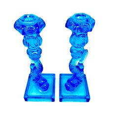 Pair of Vintage Blue Glass Museum of Metropolitan Art Imperial Koi Candlesticks