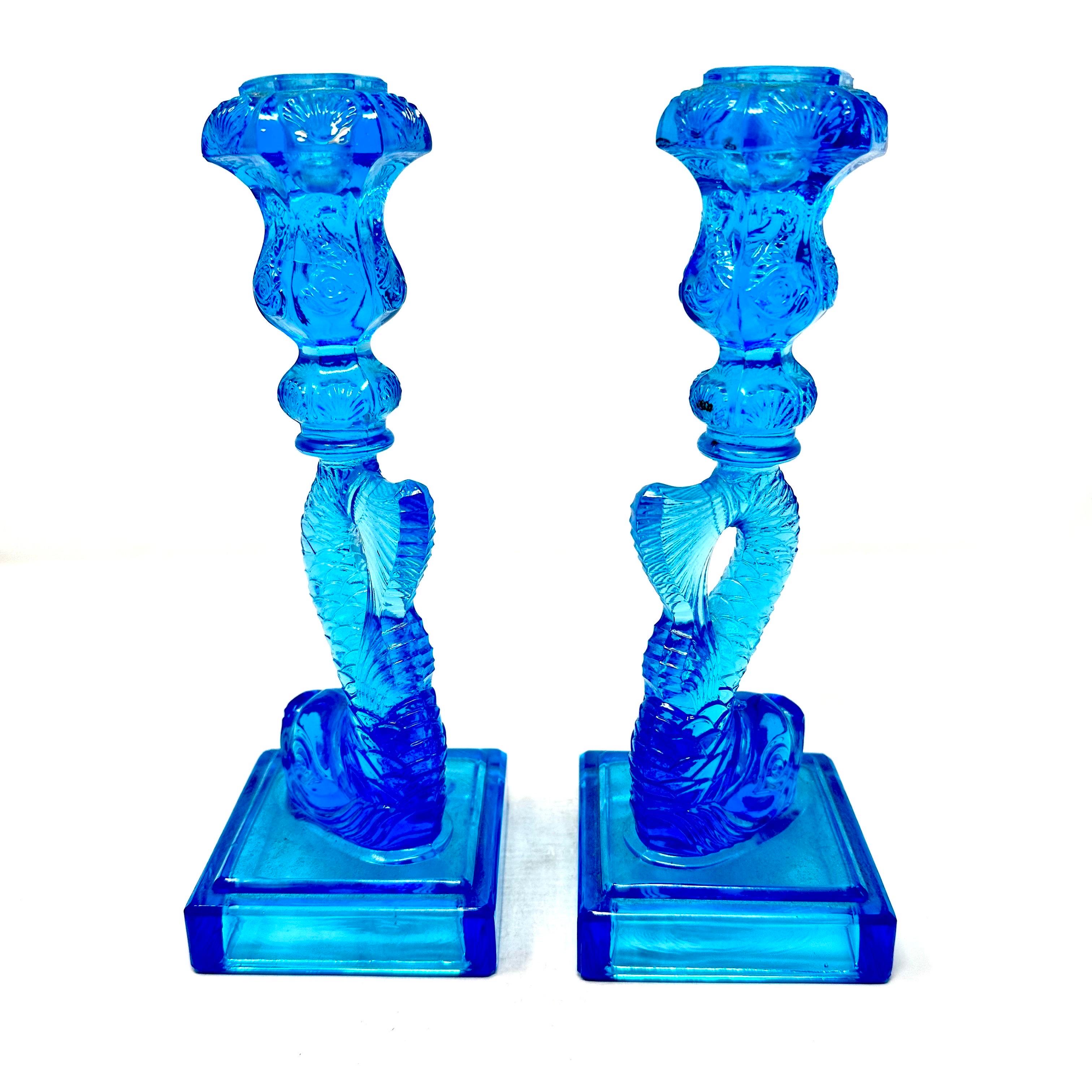 Pair of Vintage Blue Glass Museum of Metropolitan Art Imperial Koi Candlesticks In Good Condition In Sacramento, CA