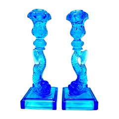 Pair of Vintage Blue Glass Museum of Metropolitan Art Imperial Koi Candlesticks
