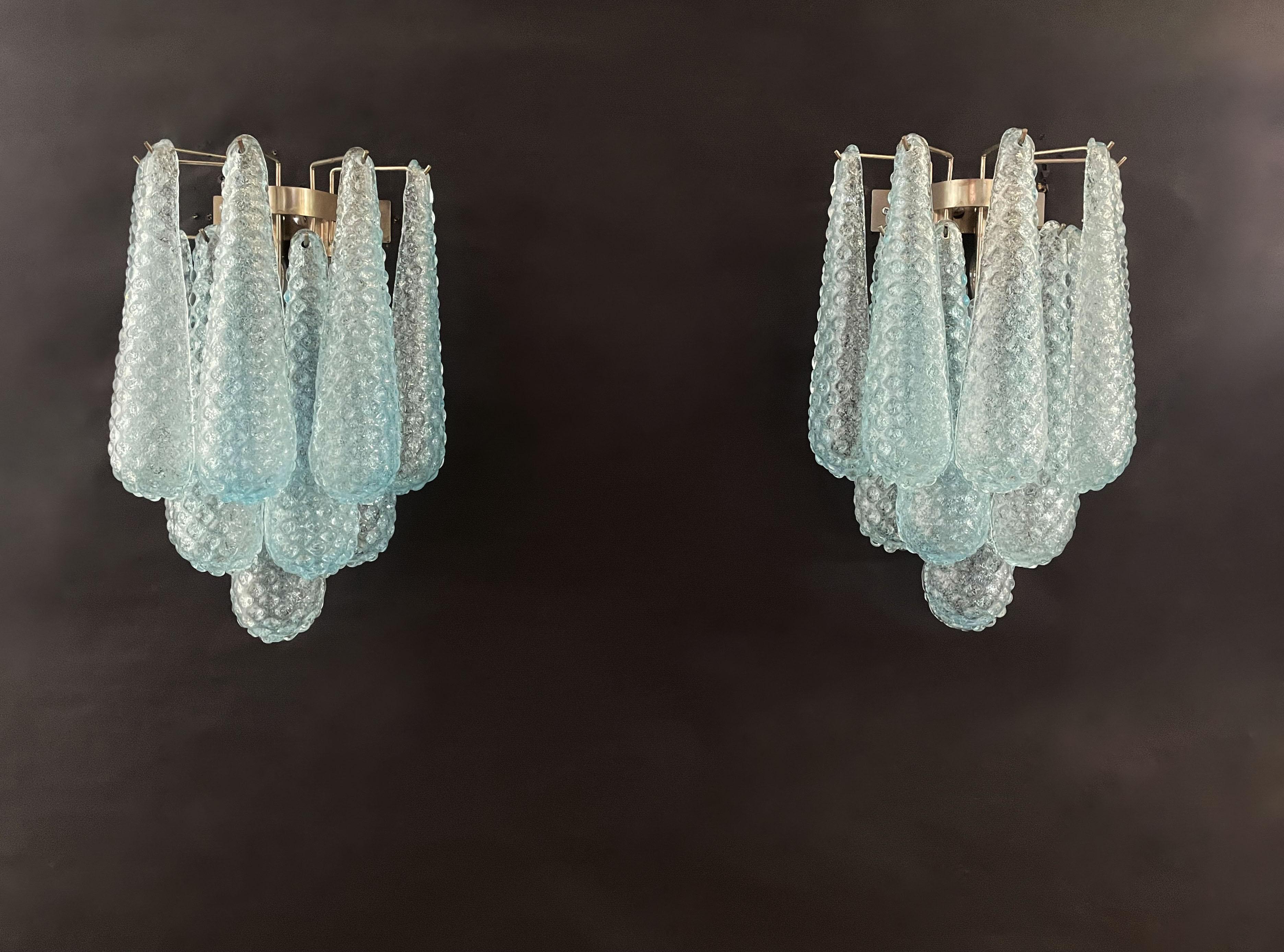 Paar vintage blaue Glasblütenblätter Tropfen Wandleuchter im Angebot 4