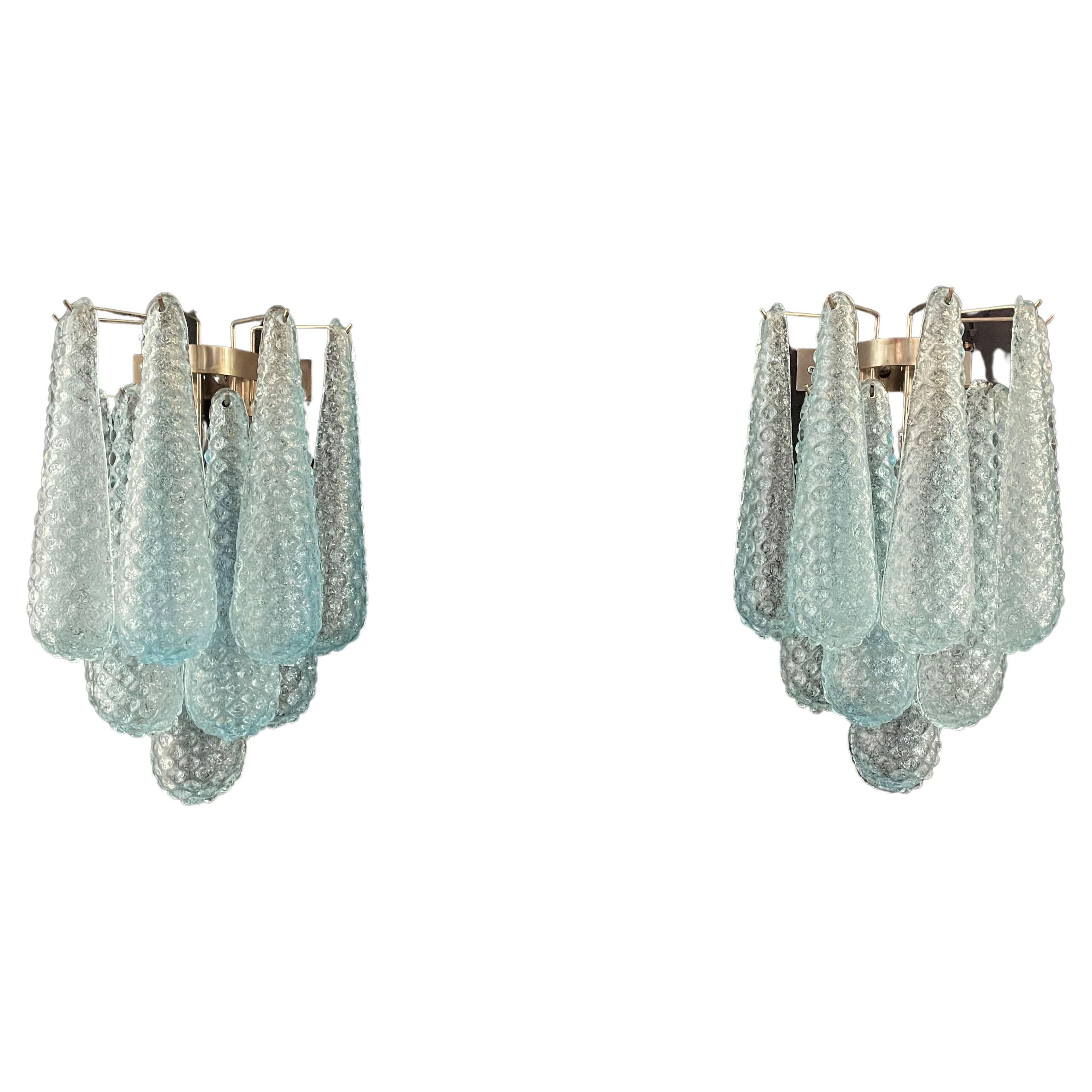 Pair of Vintage Blue Glass Petals Drop Wall Sconce