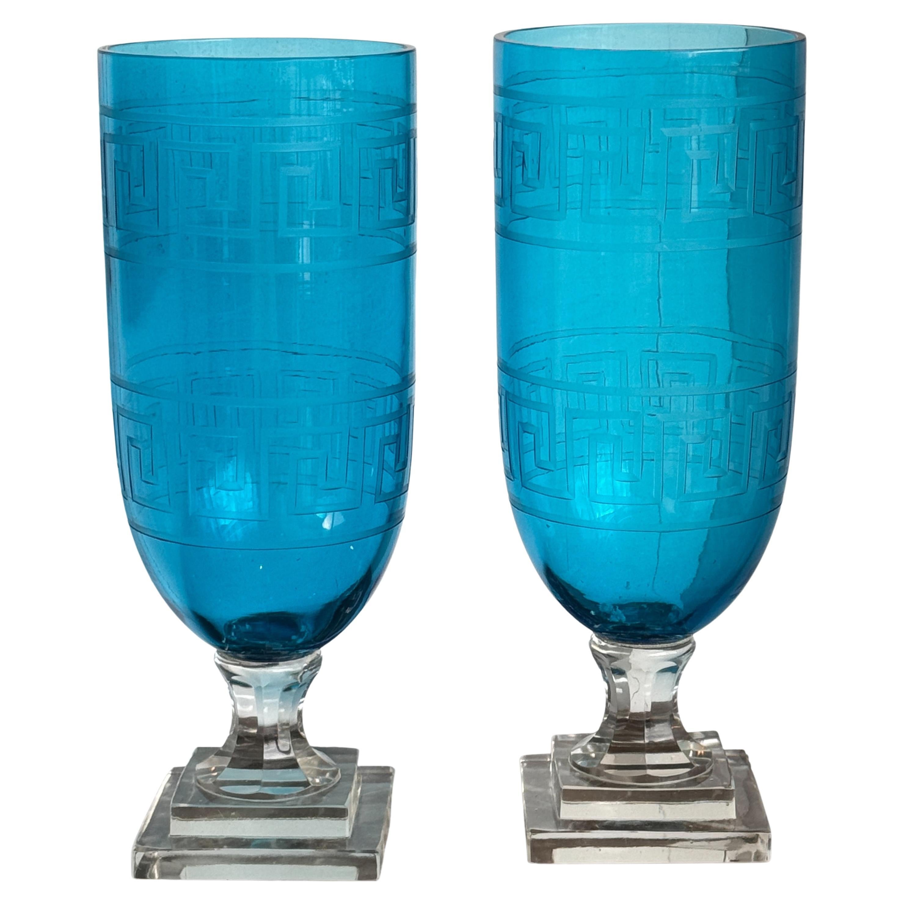 Pair of Vintage Blue Glass Urns With Greek Key Etching
