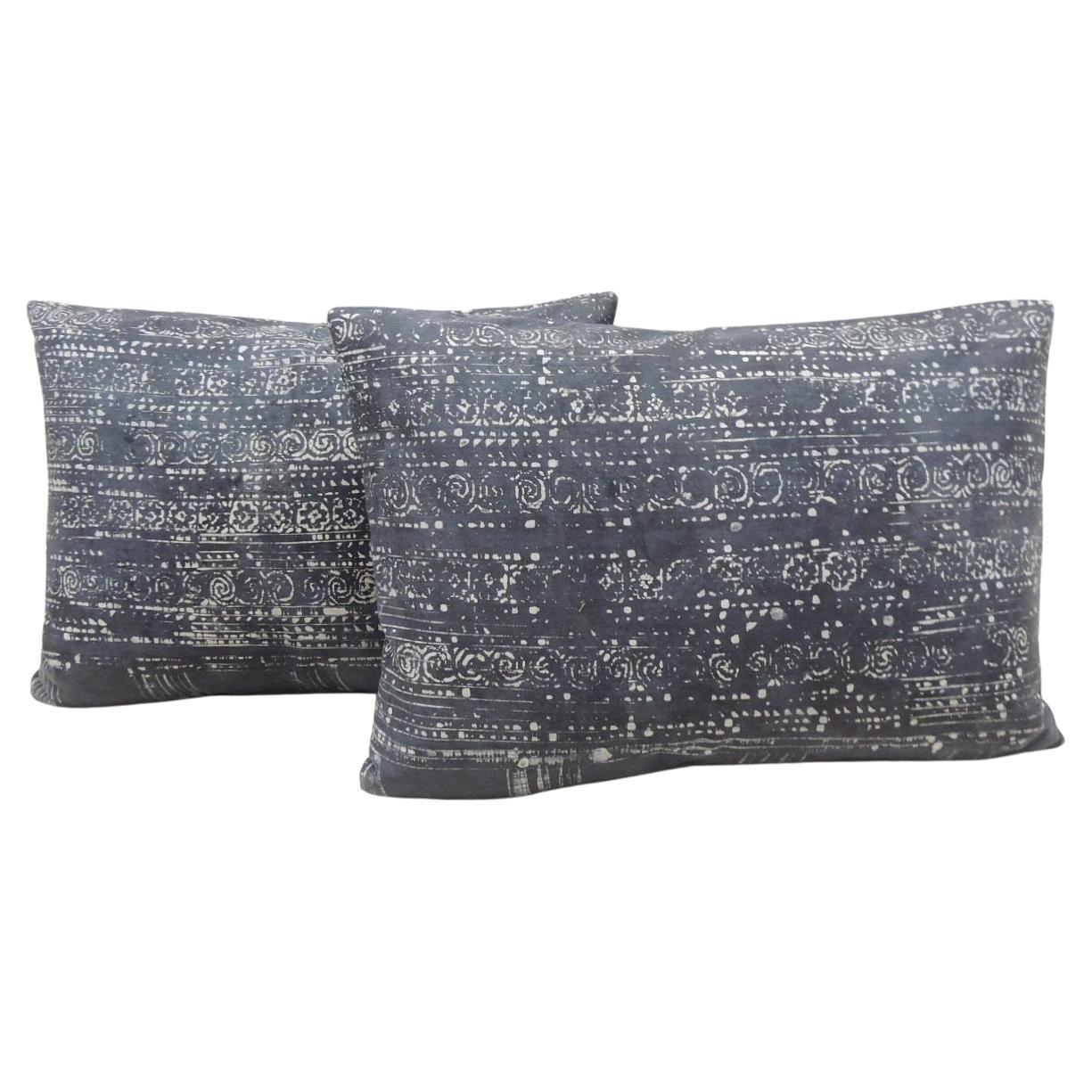 Pair of Vintage Blue Graphic Batik Decorative Bolster Pillows