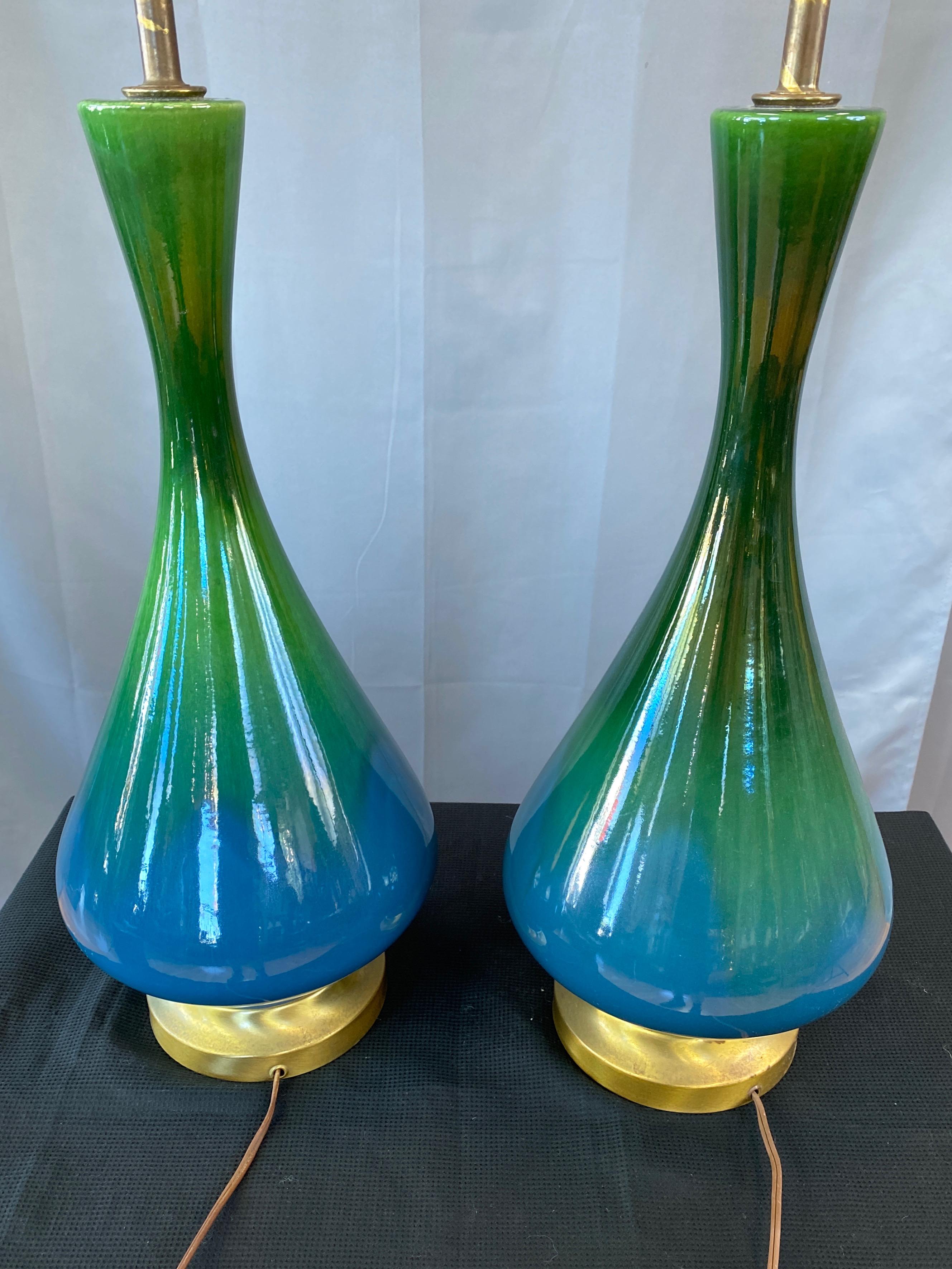 Mid-20th Century Pair of Blue-Green Ombré Glaze Ceramic and Brass Table Lamps with Shades, 1950s