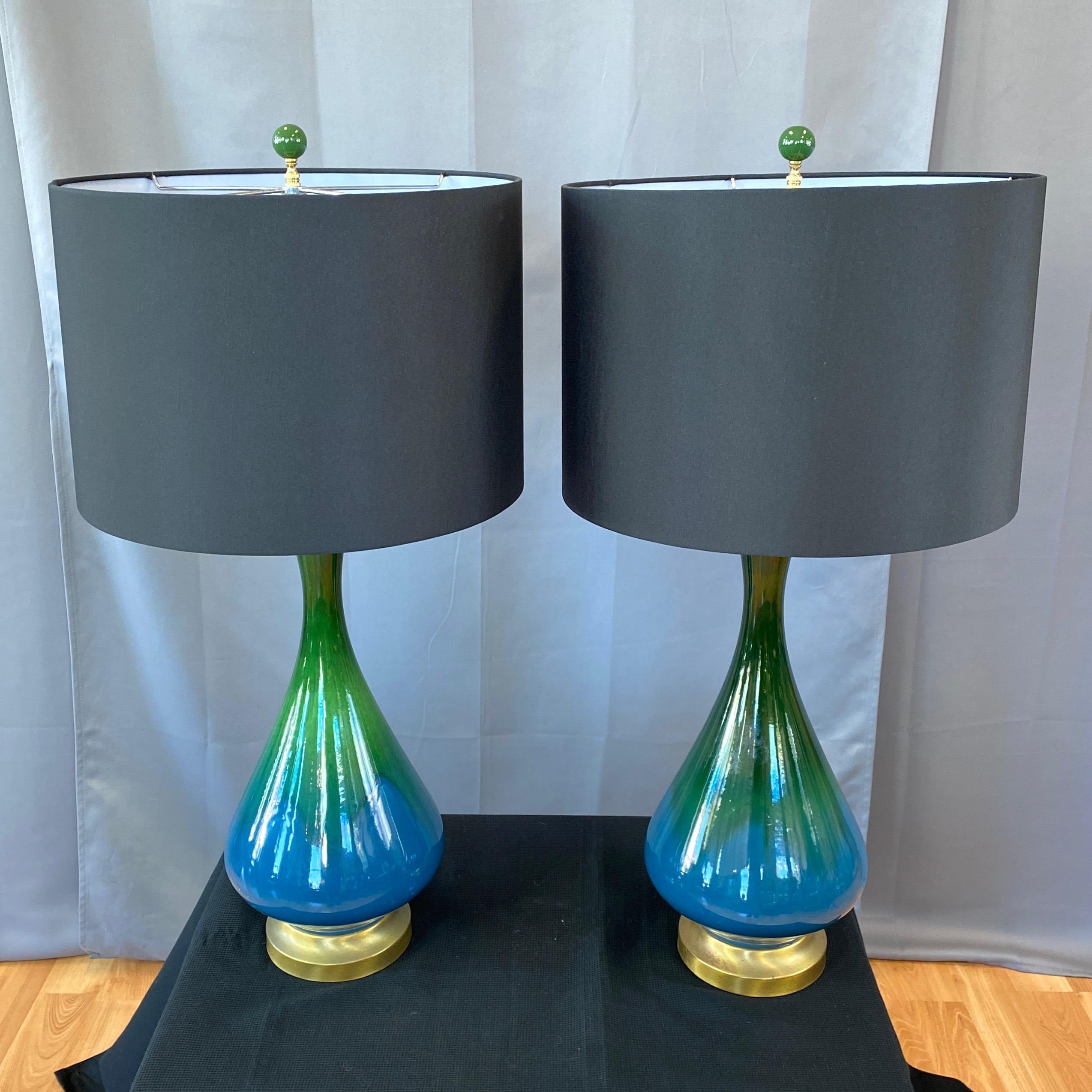 Pair of Blue-Green Ombré Glaze Ceramic and Brass Table Lamps with Shades, 1950s 1