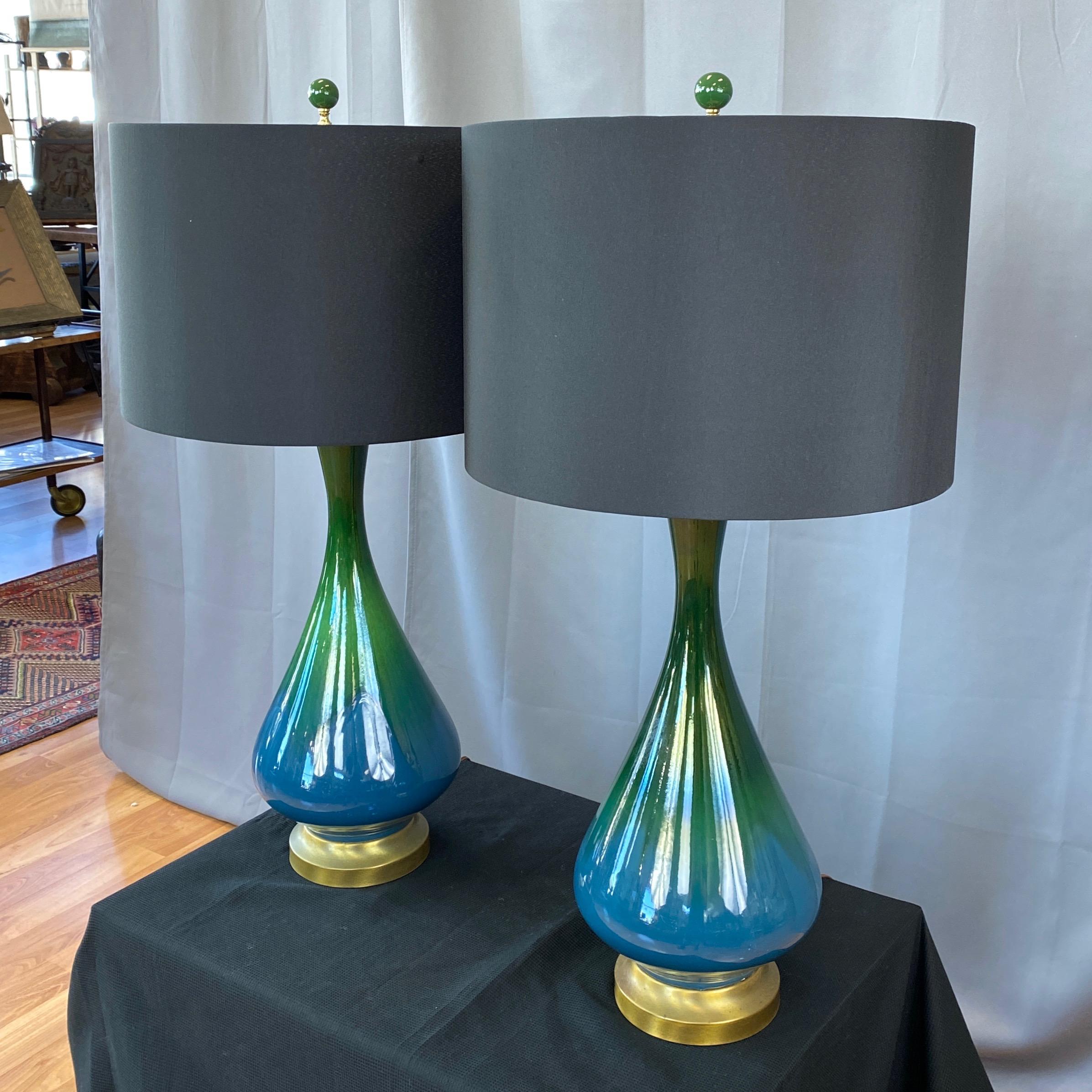 Pair of Blue-Green Ombré Glaze Ceramic and Brass Table Lamps with Shades, 1950s 2