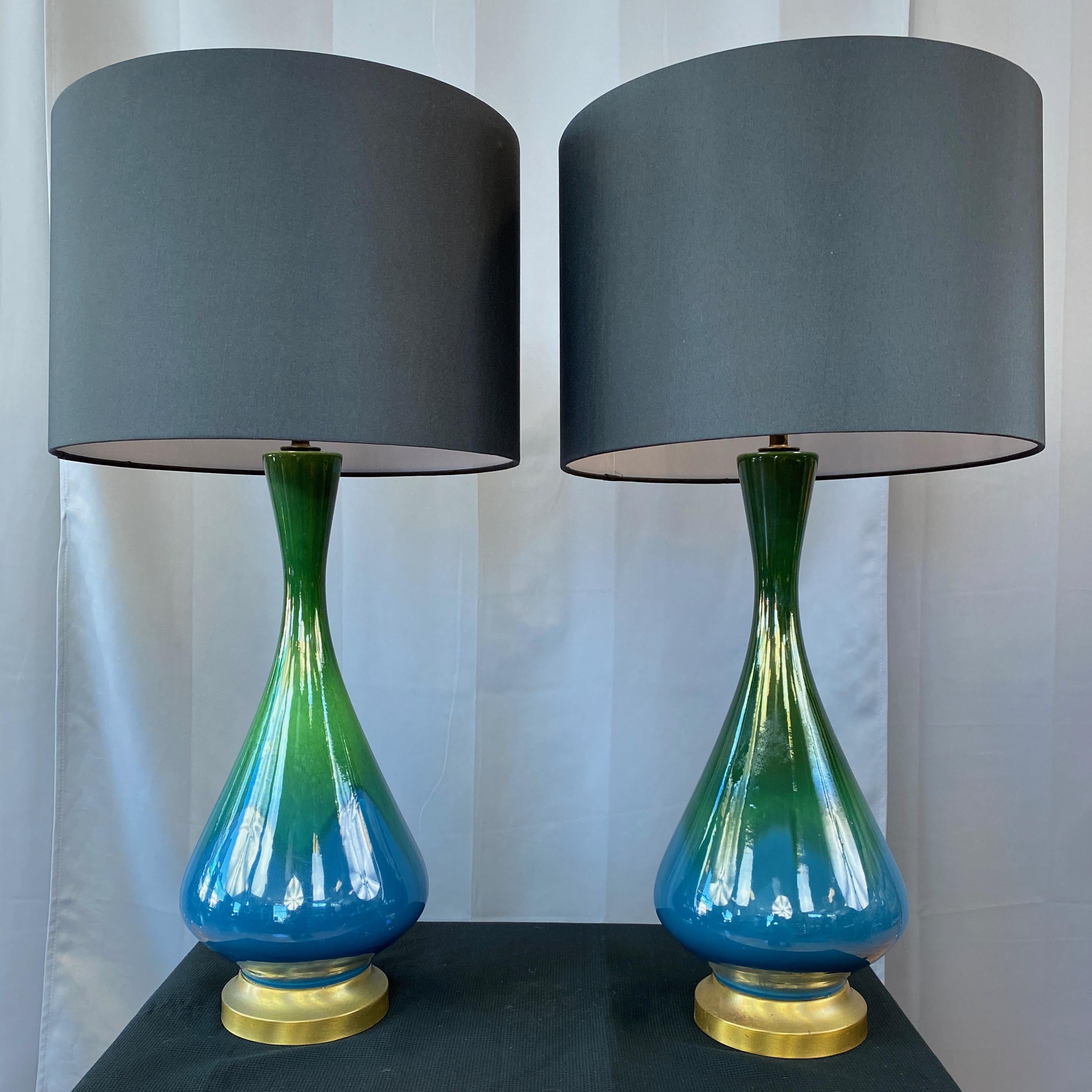 Pair of Blue-Green Ombré Glaze Ceramic and Brass Table Lamps with Shades, 1950s 3
