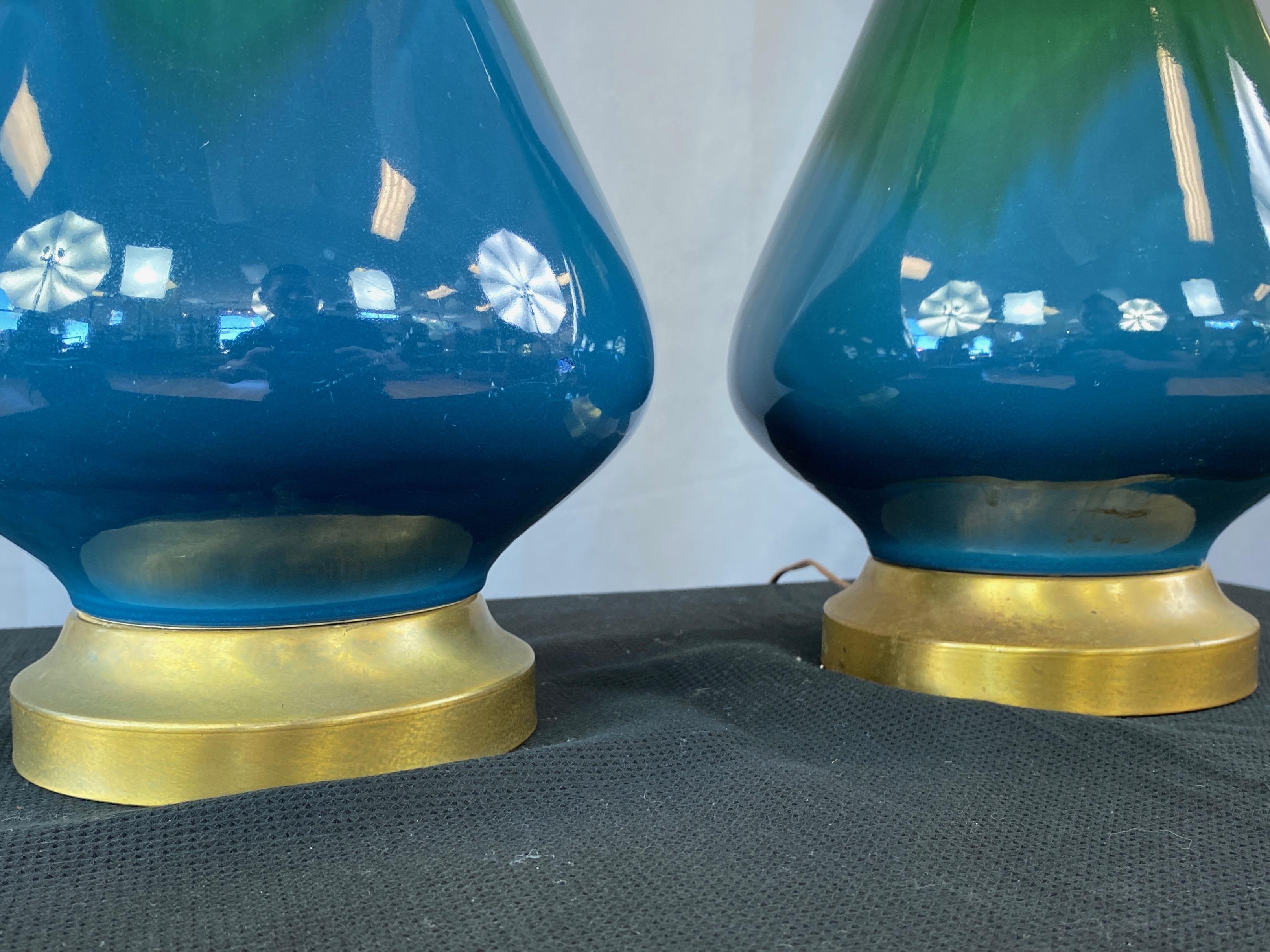 Pair of Blue-Green Ombré Glaze Ceramic and Brass Table Lamps with Shades, 1950s 4